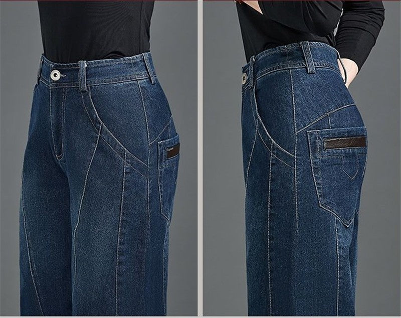 Autumn Winter High Waisted Women Jeans Casual Loose Embroidery Bloomers Trousers Female Fashion Wide Leg Denim Pants Blue