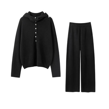 Autumn Winter New 100% Pure Cashmere Women Half Open Front Hoodie Set Knitted Two Piece Pullover Knitwear Wide Leg Pants