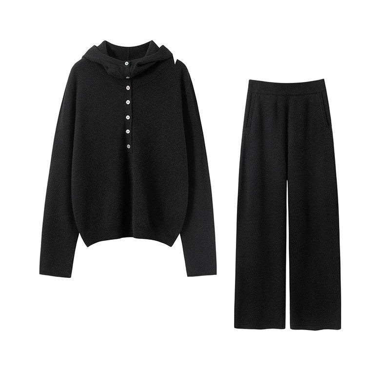 Autumn Winter New 100% Pure Cashmere Women Half Open Front Hoodie Set Knitted Two Piece Pullover Knitwear Wide Leg Pants