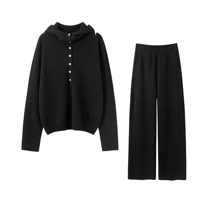 Autumn Winter New 100% Pure Cashmere Women Half Open Front Hoodie Set Knitted Two Piece Pullover Knitwear Wide Leg Pants