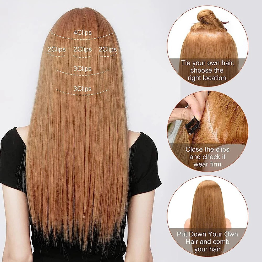 Extensões de Cabelo Sintéticas Lisas Longas com 16 Grampos para Mulheres e Meninas Acessórios para Cabelo