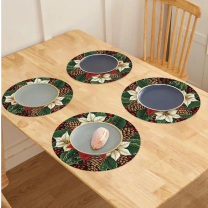 4PCS Christmas Placemats Round Polyester Non Slip Heat Resistant Festive Table Mats Christmas Style Design Round Tablecloth