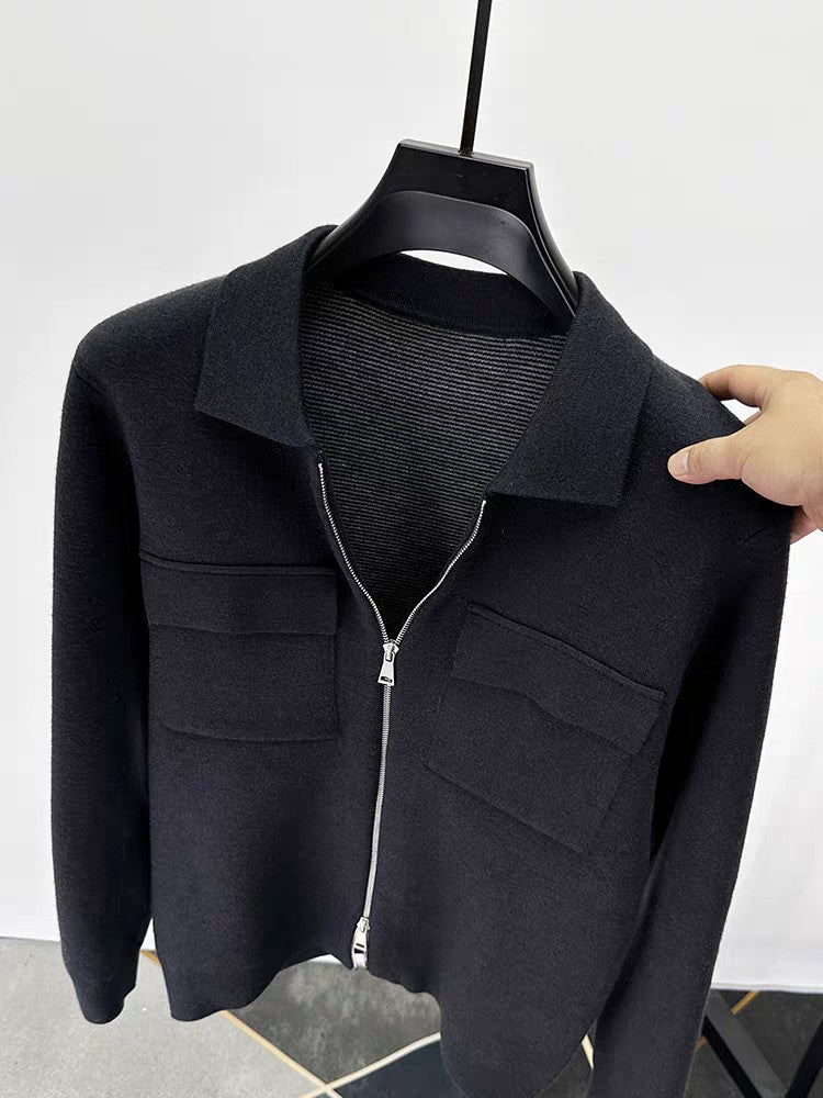 Premium Zipper Collar Wool Cardigan Men's Casual Coat Autumn/Winter Luxury Pocket Design Solid Color Casual Warm Sweater Jacket