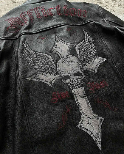 Affliction Jackets New Hip Hop Skull Embroidery Harajuku Fashion Pu Leather Men Jacket Long Sleeve Zipper Jacket Coat Streetwear