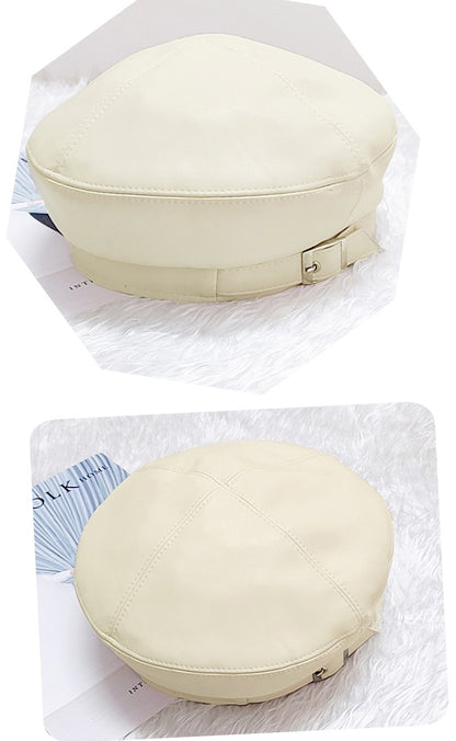 Fashion Girl Leather Beret Beanie Hat Cap Women Plain Beret Hats Solid Color Elegant Lady Artist Caps Belt Beanies