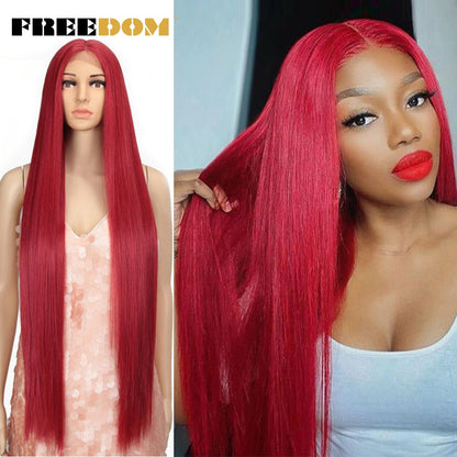 Peruca frontal de renda sintética FREEDOM para mulheres, 38 polegadas, longa, lisa, ombré, marrom, vermelho, gengibre, destaque, perucas frontais de renda, peruca de cosplay