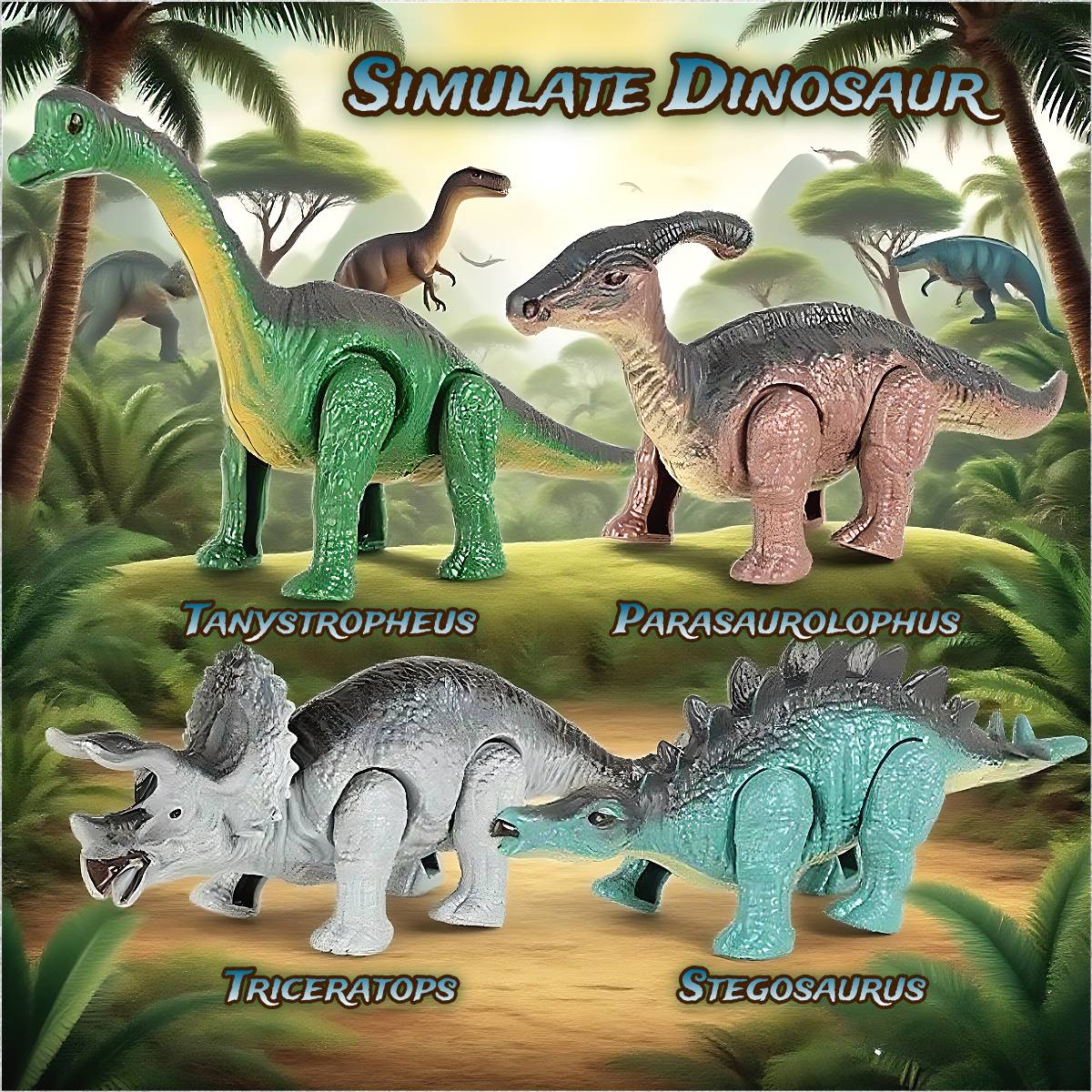 Um conjunto de presente de brinquedos de dinossauro, brinquedo de animal mecânico que anda automaticamente quando ativado. Presente de aniversário para crianças.