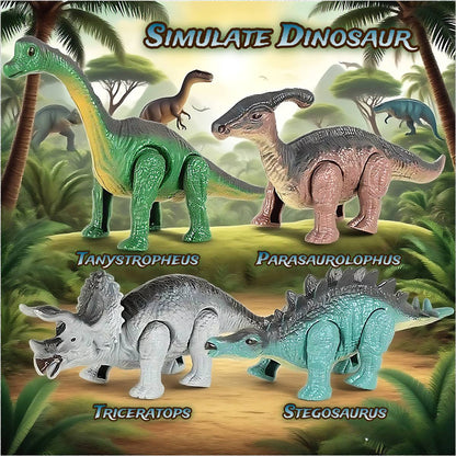 Um conjunto de presente de brinquedos de dinossauro, brinquedo de animal mecânico que anda automaticamente quando ativado. Presente de aniversário para crianças.