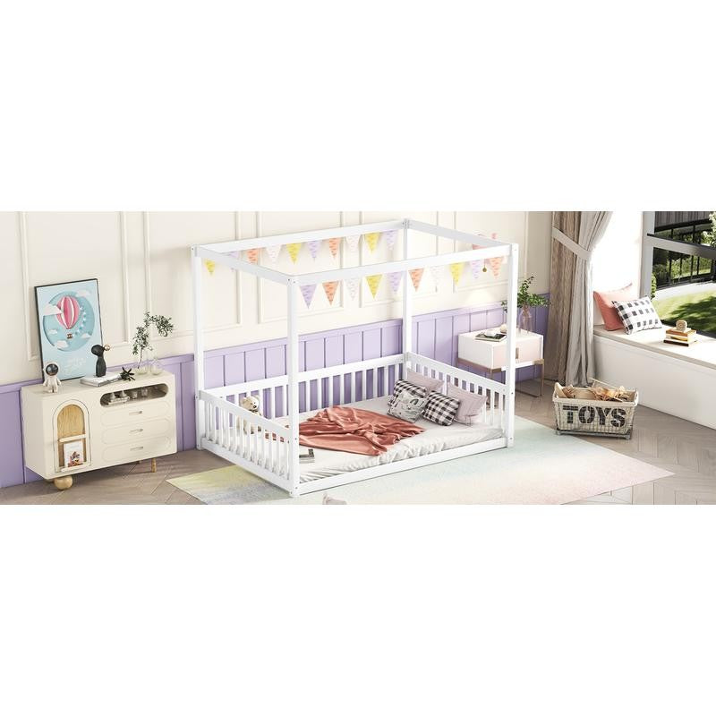 Full-Size Canopy Bed Frame with Safety Rails and Fence - White Finish