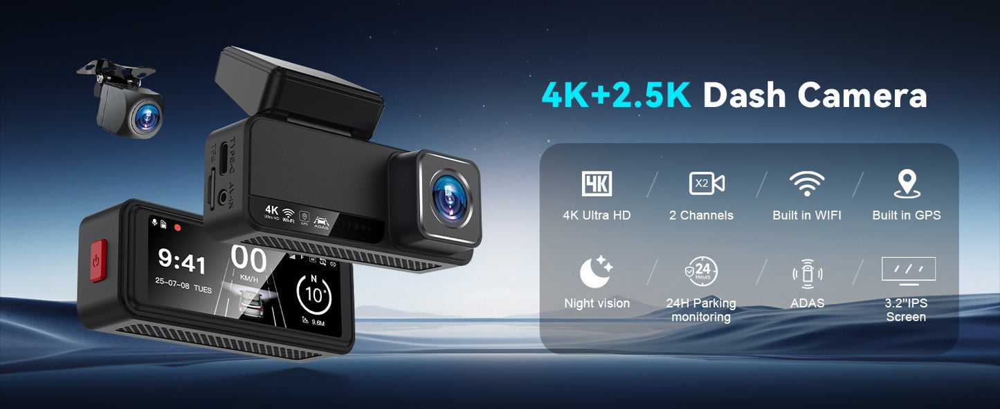 Kocam Dash Cam 4K 3,2 polegadas Mini Carro DVR Lente Dupla Com GPS WIFI ADAS Estacionamento 24h Câmera de Ré 2.5K Visão Noturna Caixa Preta