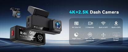 Kocam Dash Cam 4K 3,2 polegadas Mini Carro DVR Lente Dupla Com GPS WIFI ADAS Estacionamento 24h Câmera de Ré 2.5K Visão Noturna Caixa Preta