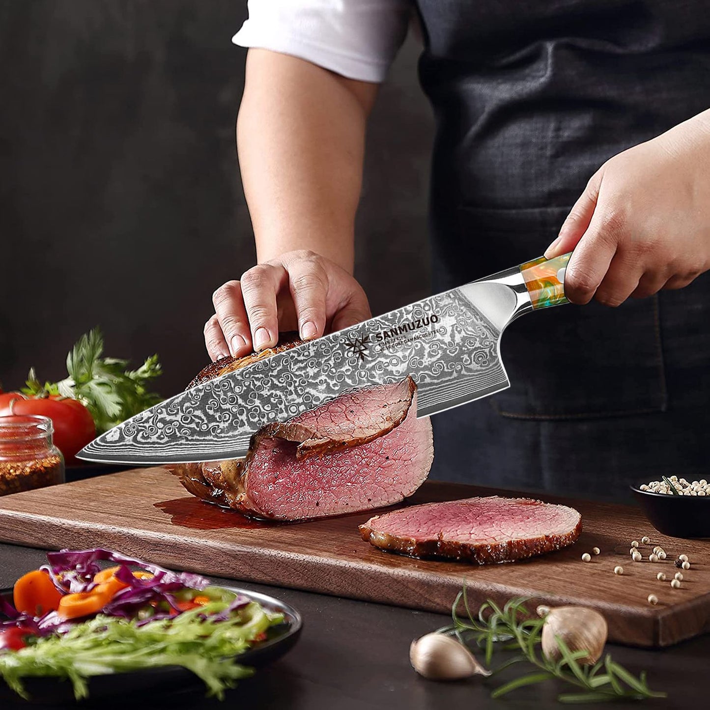 SANMUZUO Conjunto de Facas de Cozinha 2 Peças - Série Xuan Faca de Chef e Faca Utilitária de Aço Damasco Ultra Afiadas - Cabo de Resina para Culinária Diária
