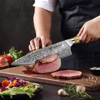 SANMUZUO Conjunto de Facas de Cozinha 2 Peças - Série Xuan Faca de Chef e Faca Utilitária de Aço Damasco Ultra Afiadas - Cabo de Resina para Culinária Diária