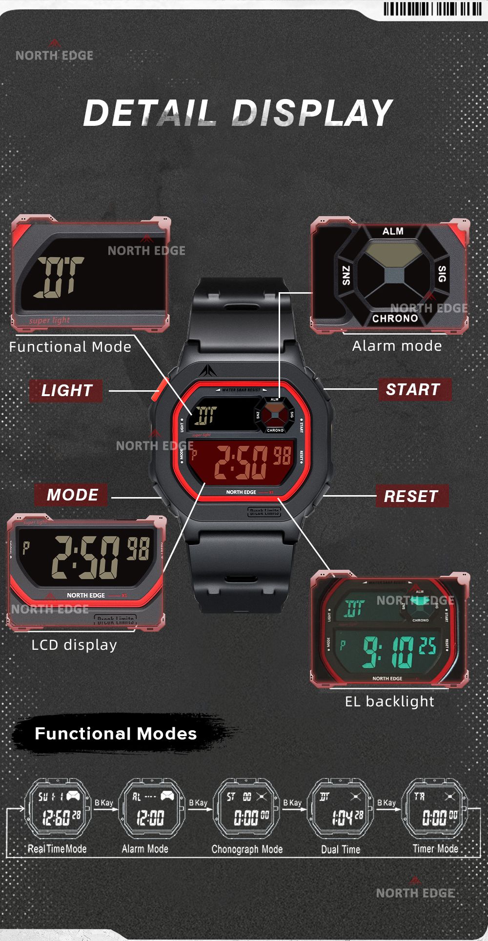 NORTH EDGE X1 Square Screen Digital Watch 2025 Men Women Sportswatch Waterproof 50M Stopwatch Countdown Alarm Clock Reloj Hombre