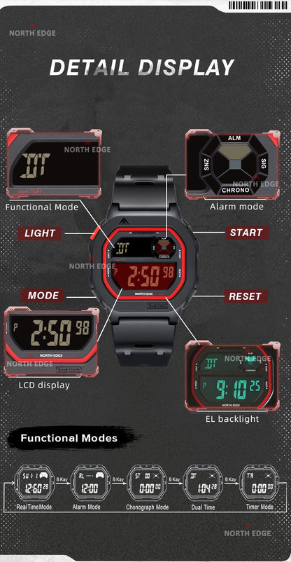 NORTH EDGE X1 Square Screen Digital Watch 2025 Men Women Sportswatch Waterproof 50M Stopwatch Countdown Alarm Clock Reloj Hombre