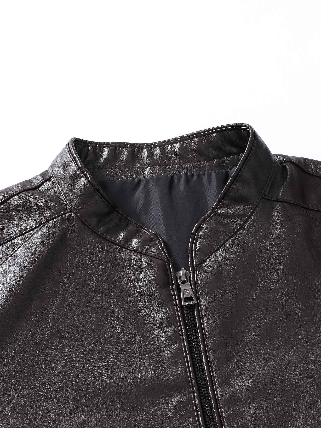 2024 Spring New Men's Business Casual Slim Long-sleeved Pu Leather Jacket Jacket Side Seam Pocket Zipper Solid Color
