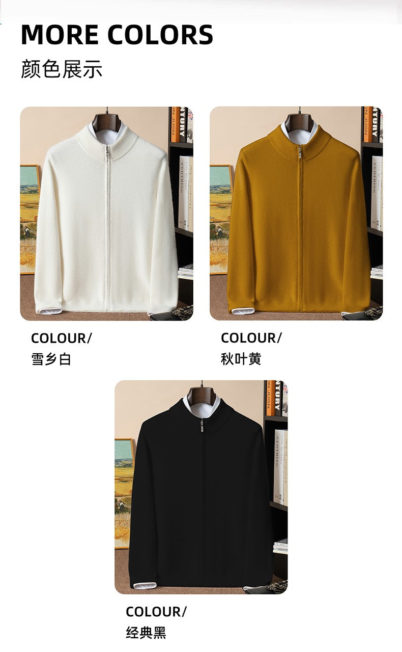 500g 100% Pure Cashmere Sweater Men's Seven-Needle Double-Ply Thickened Half-Turtle Neck Zipper Cardigan Loose Knitted Sweater
