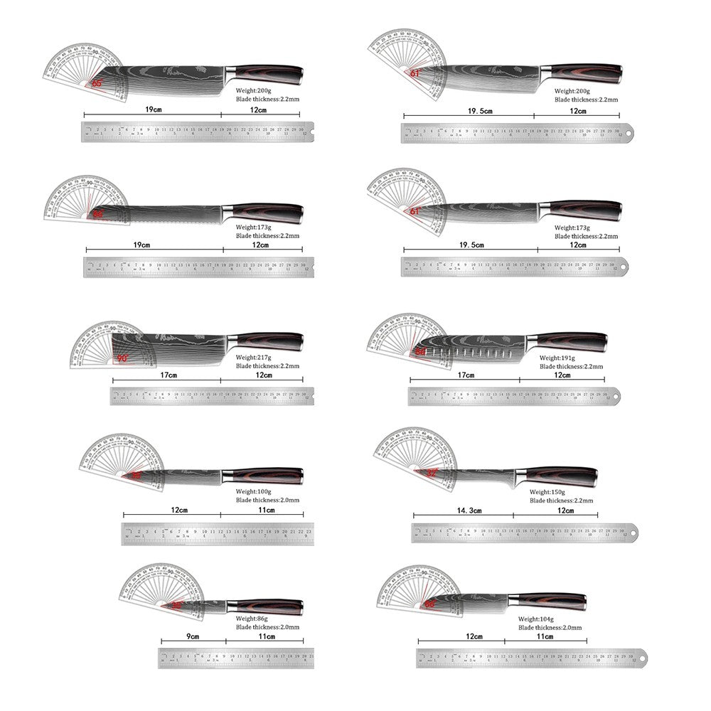 MDHAND 1-10PCS Chef knife Japanese Kitchen Knives Set Professional Laser Damascus Pattern Stainless Steel Cleaver Slicer Knife