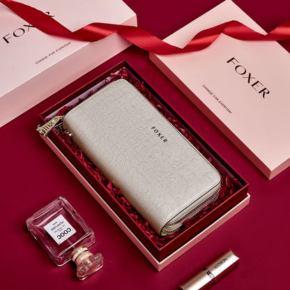 FOXER Split Leather Lady's Wallet Bifold Long Clutch Bag with Wristlet Fashion Card Holder Coin Purse Cellphone Money Bag