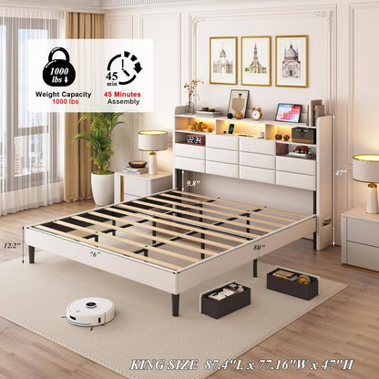 LED Bed Frame King Size with Storage Headboard, 2 Hidden Drawers and Charging Station, Velvet Bed Frames with Led Lights