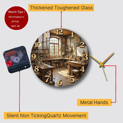 Tempered Glass Wall Clock Antique Studio Interior Scene Suitable For Wall Decor or Tabletop Display Anywhere