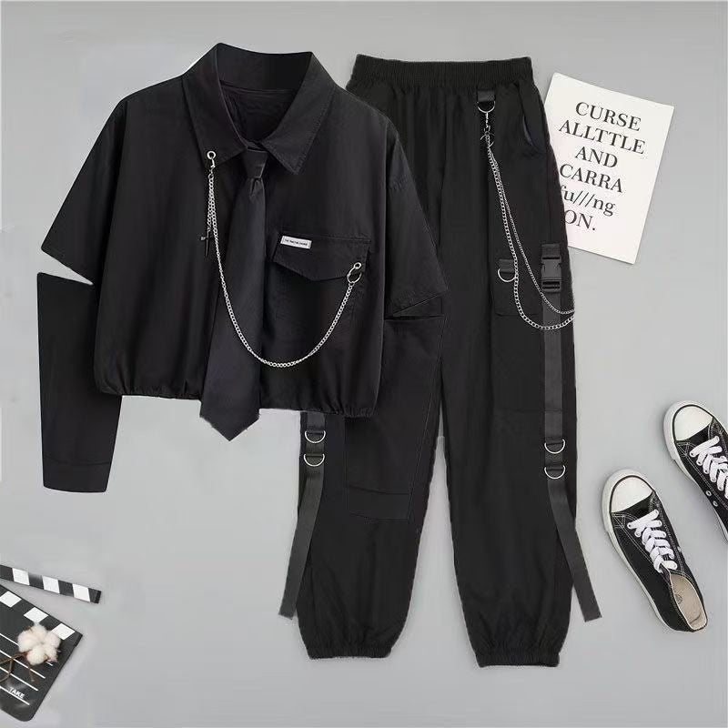Unisex Student Workwear Outfit, Baggy Black Cargo Pants Set with White Short Shirt, Korean Loose Fit Street Style 2PC Coords