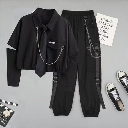 Unisex Student Workwear Outfit, Baggy Black Cargo Pants Set with White Short Shirt, Korean Loose Fit Street Style 2PC Coords