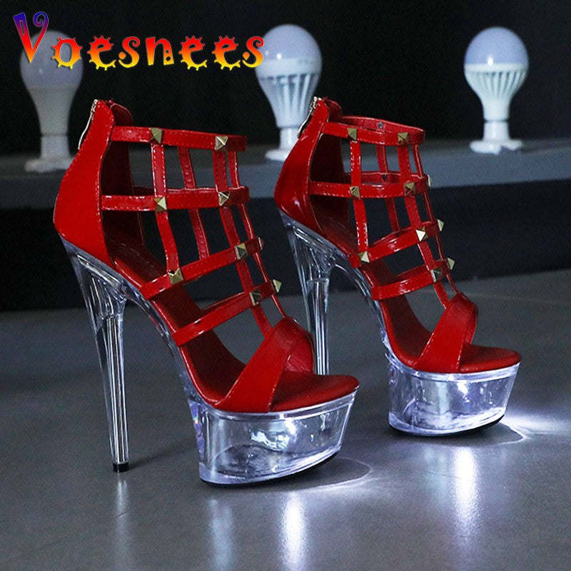 Light Up Glowing Sandals Women Transparent Platform Luminous Wedding High Heels Fashion Rivet Summer Nightclub Stripper Shoes