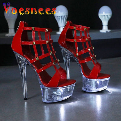 Light Up Glowing Sandals Women Transparent Platform Luminous Wedding High Heels Fashion Rivet Summer Nightclub Stripper Shoes