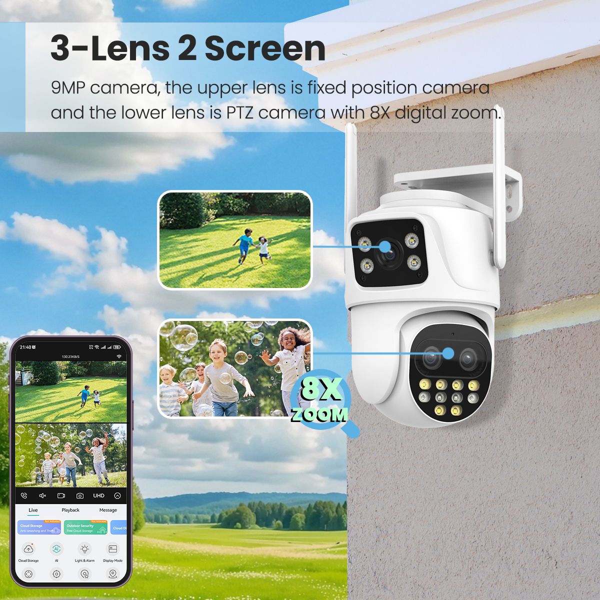 9MP WIFI IP Camera Three Lens Dual Screen With 8X Zoom 6MP PTZ Camera Ai Auto Tracking Security Video Surveillance Camera iCSee