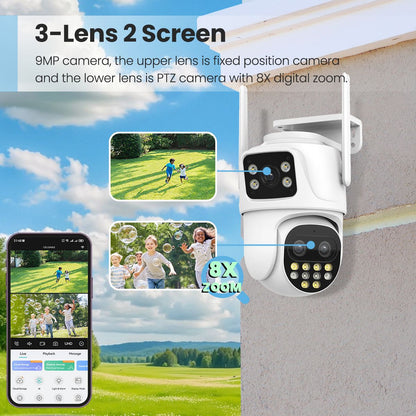 9MP WIFI IP Camera Three Lens Dual Screen With 8X Zoom 6MP PTZ Camera Ai Auto Tracking Security Video Surveillance Camera iCSee