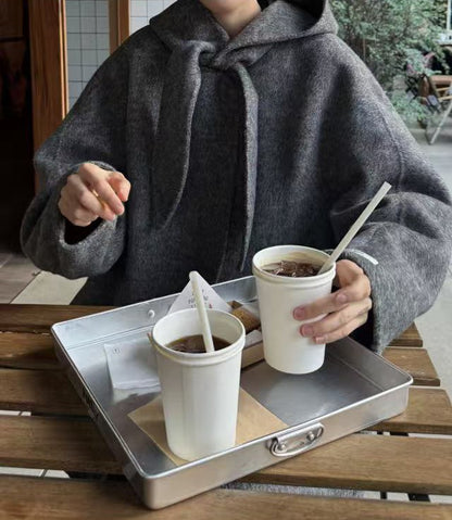 Korean Sle Woolen Coat Women's Chic Temperament Sweet Bow Tie Collar Hooded Warm Woolen Coat Long Sve Mid-Length