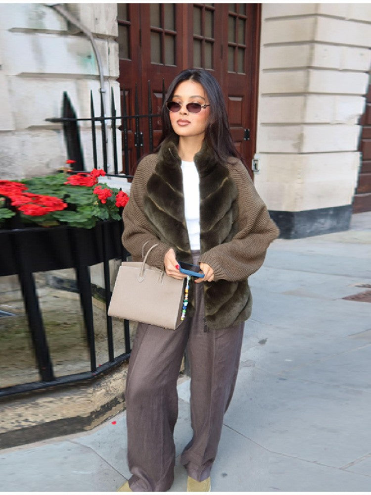 Vintage Faux Fur patchwork Jacket For Women Fashion Design Sense Long Sleeves Casual Coat 2025 Autumn Winter Female Streetwear