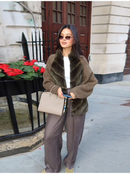 Vintage Faux Fur patchwork Jacket For Women Fashion Design Sense Long Sleeves Casual Coat 2025 Autumn Winter Female Streetwear