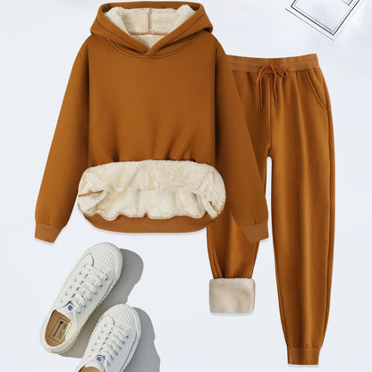 Winter Men Solid Thickened Lamb Velvet Hoodies Set Warm Fleece Sweatshirt Sweatpants 2pcs Thickened Casual Tracksuit