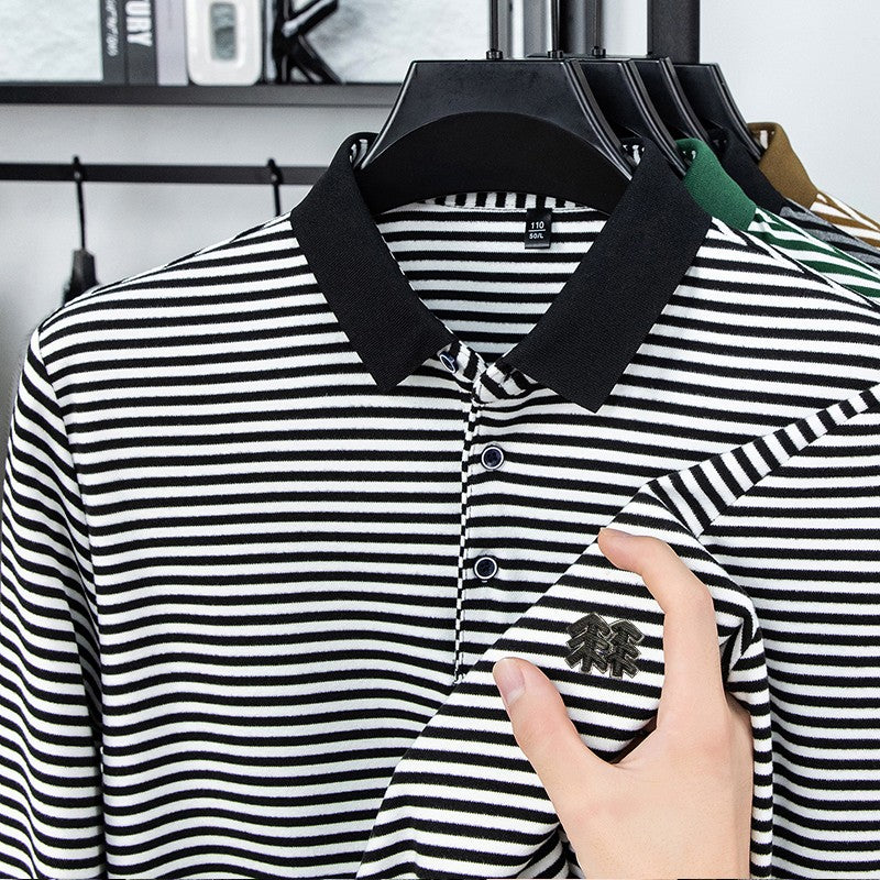 Men's Long Sleeved T-shirt, Youth Lapel T-shirt, Autumn Clothes Striped Polo Shirt Double-sided German Velvet 2025 New Trend Top