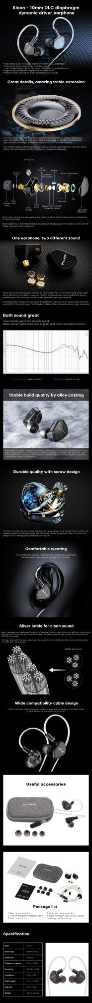 Kefine Klean 10mm DLC Diaphragm Dynamic Driver IEMs Hi-Fi In-ear Earphone with Nozzles and Comfortable 2-pin Silver-plated Cable