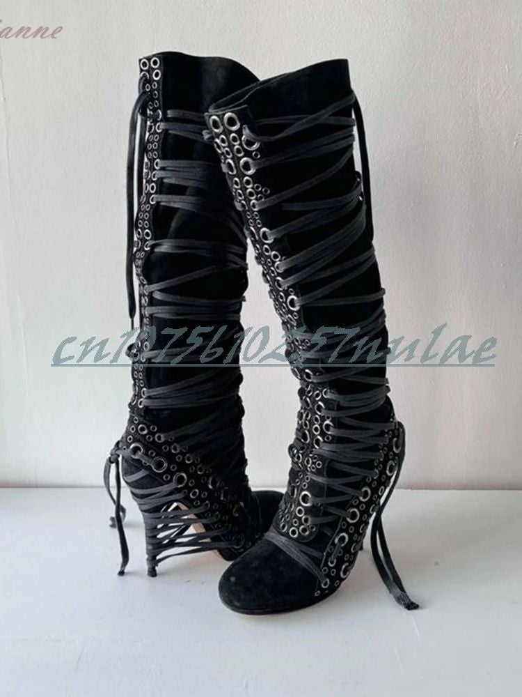 Sexy Hollow Round Rivets Strappy Mid Calf Boots Round Toe Many BFashion Sexy Strappy Women Shoes 2025 Spring Zapatos Para Mujere