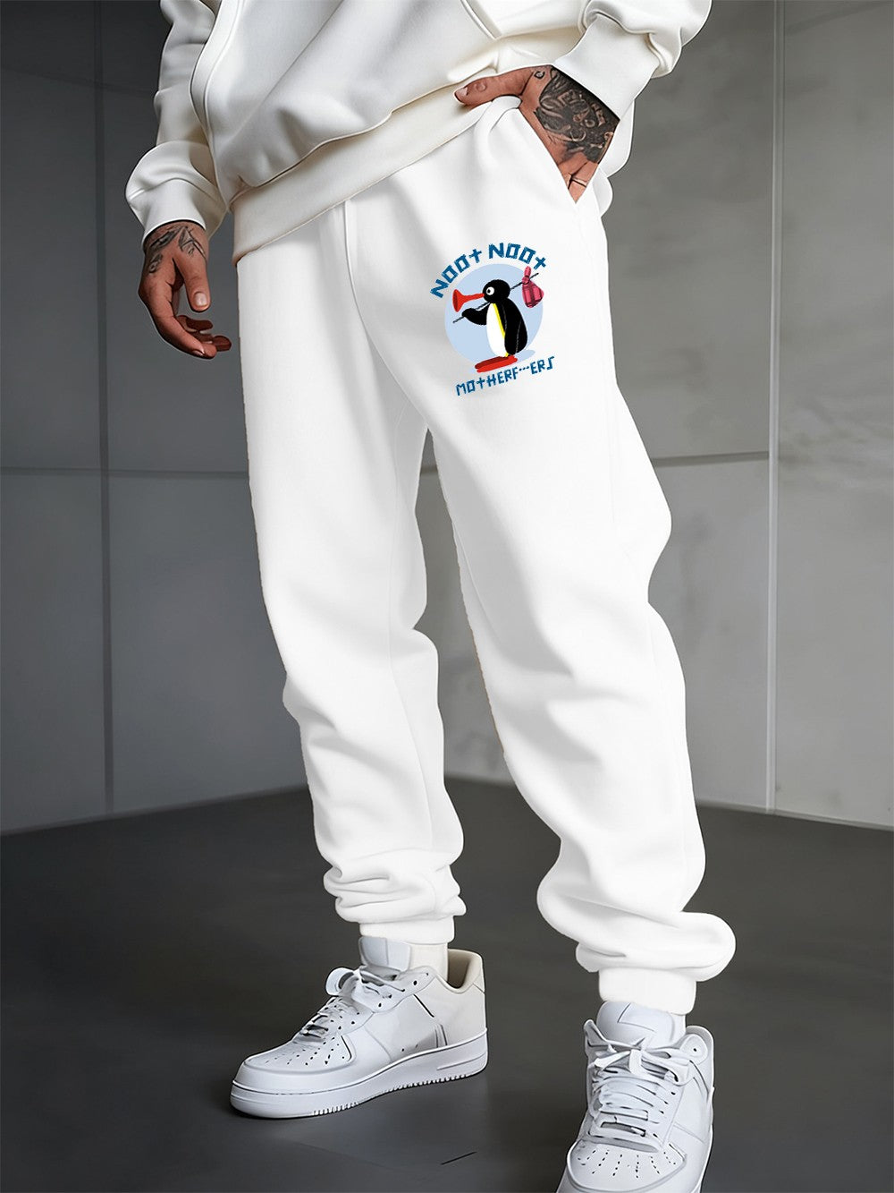 Noot Noot Cartoon Penguin Printing Sweatpants Men'S Basics Trousers Fleece Loose All-Match Sporty Pants Winter Men Streetwear