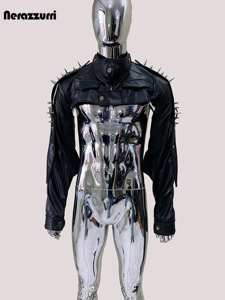 Mauroicardi Cool Black Cropped Pu Leather Jacket Men Rivet Shoulder Pads Zip Up Short Luxury Punk Style Clothes European Fashion