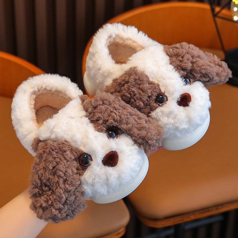 Kids Cotton Slippers Winter Boys Girls Non Slip Indoor Cute Dog Design Warm House Shoes for Children