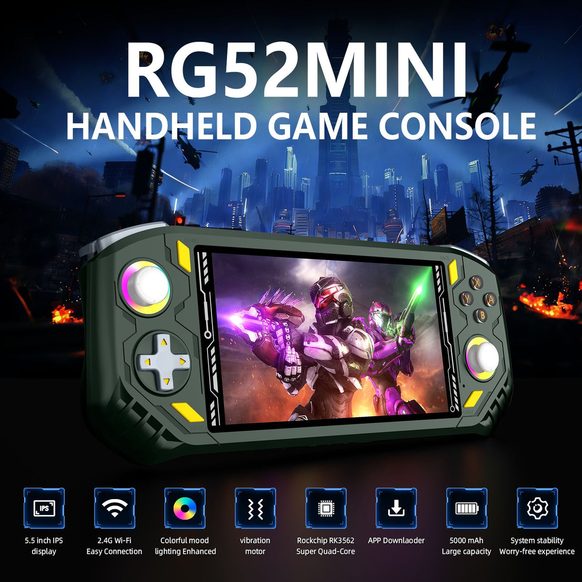 RG52 Mini Retro Handheld Game Console 5.5 Inch IPS Screen EmuELEC&RGBOX Dual System 22000+ Games WIFI Playing Potable Video Game