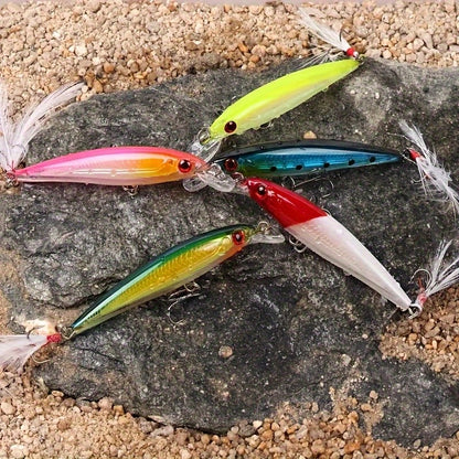 5pcs/set 9cm/6.5g Bionic Minnow Lure, Artificial Hard Bait With Feathered Sharp Hook, Outdoor Fishing Tackle