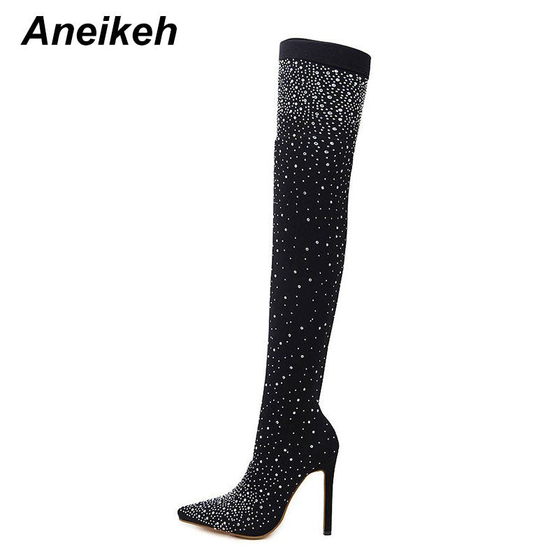 Aneikeh Sexy High Heels Sock Over-the-Knee Boots Pointed Toe Design Crystal Rhinestone Stretch Fabric Pole Dancing Women Shoes