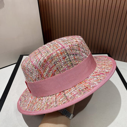 Chapéu jacquard estilo socialite europeia delicado e elegante com pérolas, chapéu de tweed rosa, chapéu de festa feminino da moda