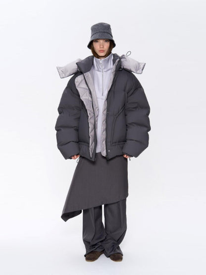 Detachable Hooded Padded Jackets Women's Loose Full Sleeves Zipper Pockets Stand Collar Coats 2025 Autumn Winter Female Outwear