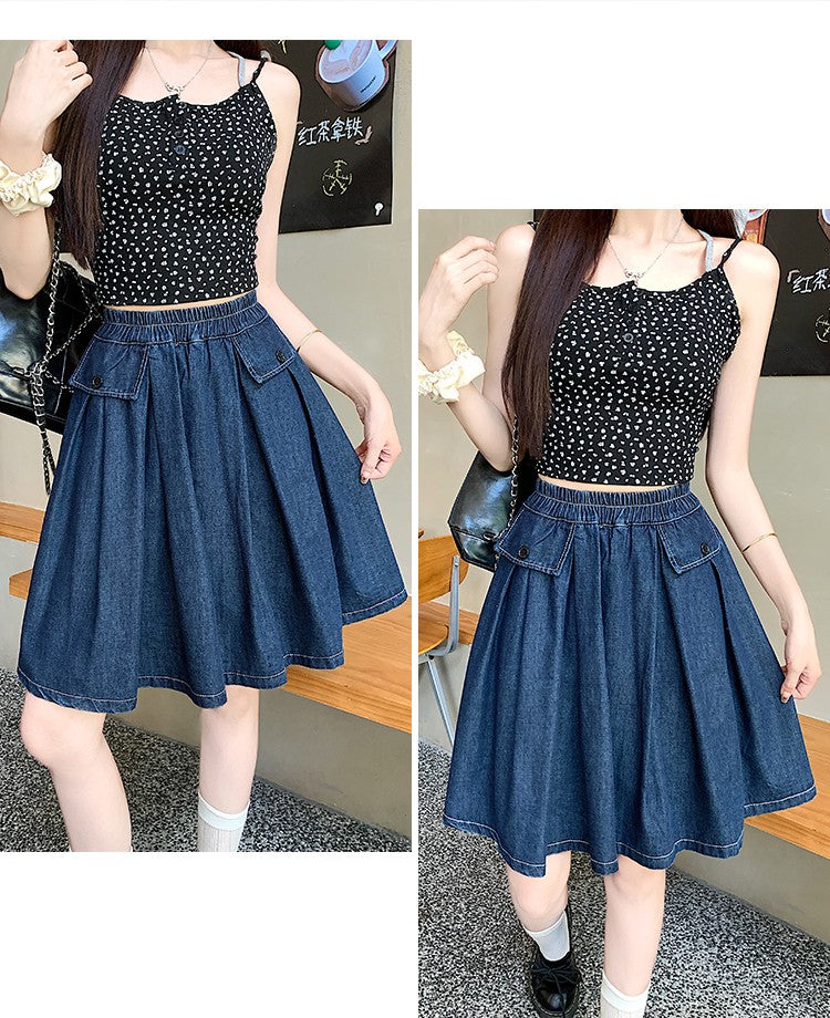 Casual Summer Plus Size Midi Denim Skirts Woman Preppy Loose A-line Ruffles Skirt With Shorts Elastic Waist Jeans Skirts Women