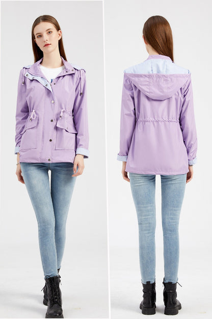 Purple Hooded Jacket for Spring 2025 Women's Office Fashion Women Outerwear Hat with Removable Waist Drawstring Water Proof