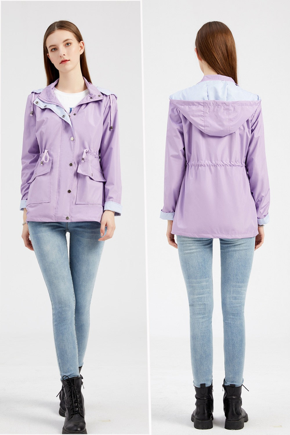Purple Hooded Jacket for Spring 2025 Women's Office Fashion Women Outerwear Hat with Removable Waist Drawstring Water Proof