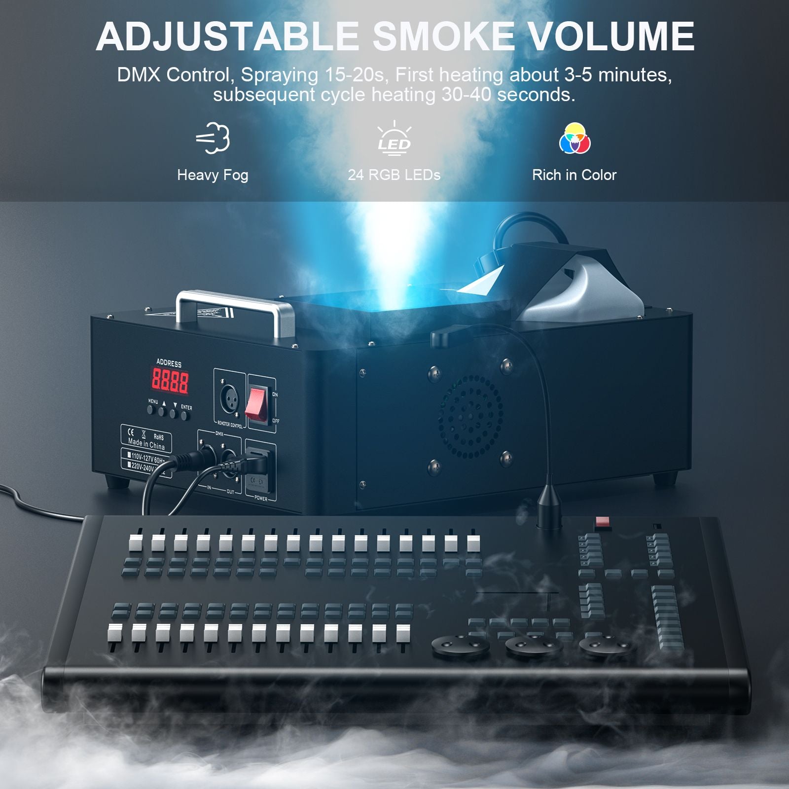 U'King 1500w Fog Machine RGB 3IN1 24LED Vertical Smoke Machine Stage Lighting  Spray Fogger For Halloween Wedding Disco Party